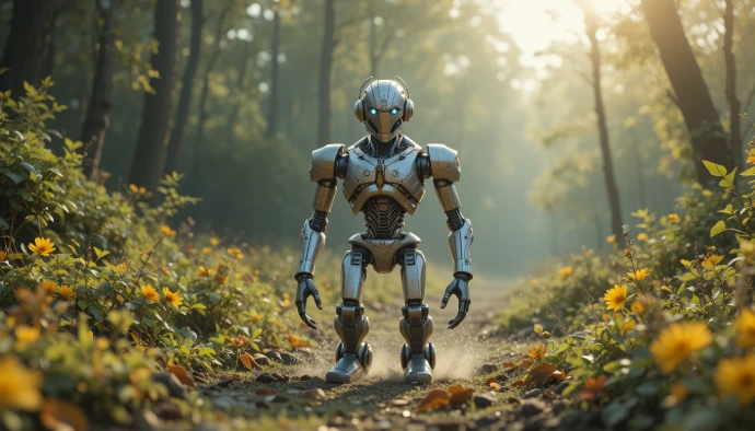 AI robot in a forest representing artificial intelligence and future techology