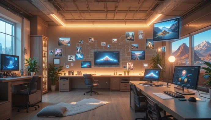 Modern workspace setup for AI content creation and digital contant